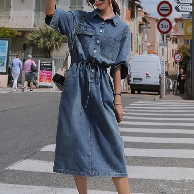 지디오 여성 빅사이즈 데님 청 롱 원피스 반팔 반소매 카라 허리끈 조절 A라인 치마 드레스