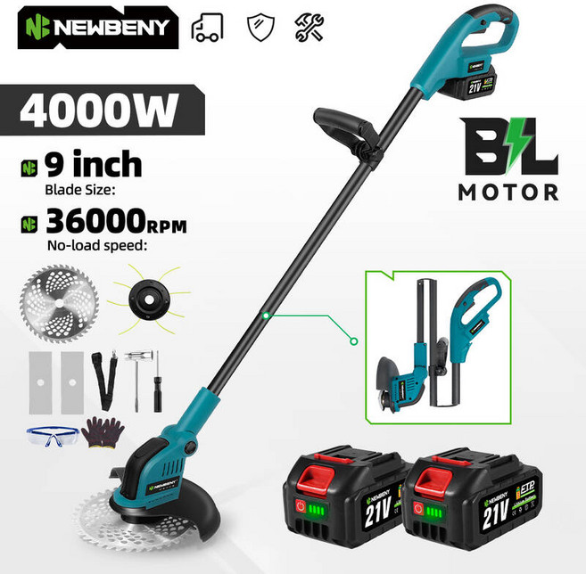 예초기 잔디깍기 제초기 NEWBENY 9 인치 브러시리스 전기 접이식 잔디 깎는 기계 18V-21V 배터리 용 무선 효율적인 정원 트리머 도구, 2 Battery EU Plug, 1개