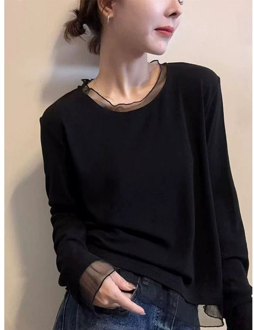 스타일 키 SK2598 여성용 메쉬 레이어드 라운드넥 긴팔 시스루 반카라 티셔츠