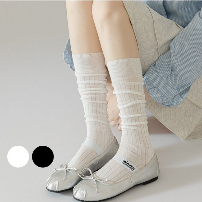 바디랜드 베이직 시스루 골지 니삭스 2P