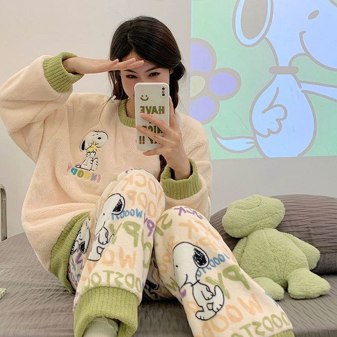 Yellwell포근한 플러시 후드 파자마 세트 따뜻한 겨울 실내복 여성용 수면복LYT