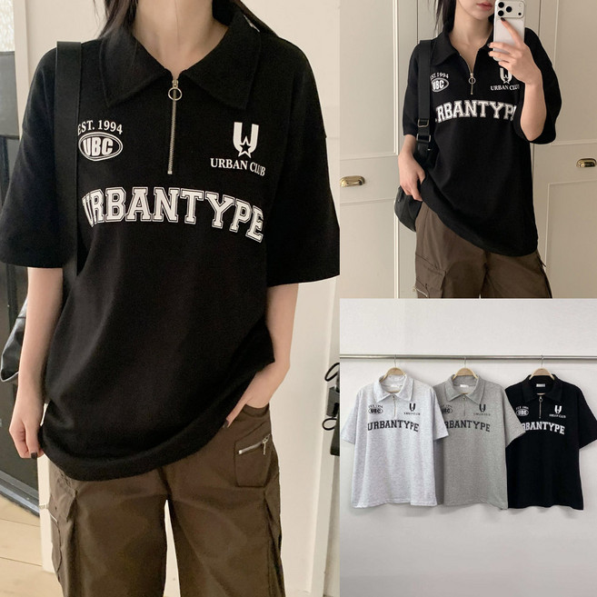 여자 오버핏 어반타입 카라 반집업 박스티 캐주얼 봄 여름 반팔 티셔츠