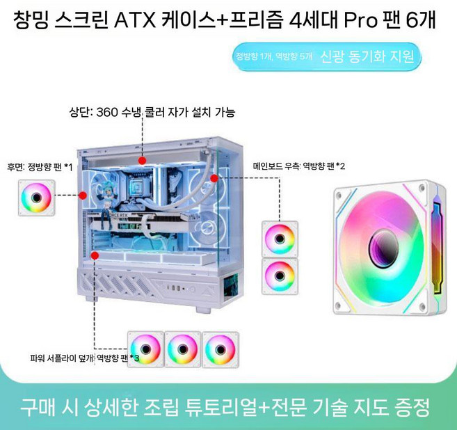 어항 PC 케이스 컴퓨터 미들타워 투명 강화유리, 창밍 화이트 ATX+팬6