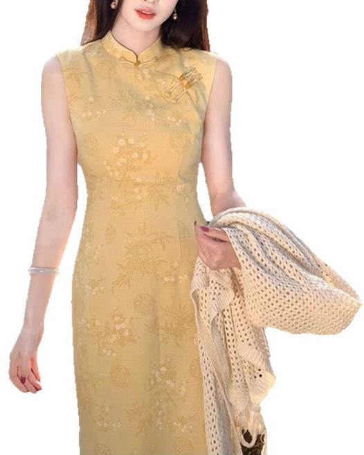 여성 여름 롱원피스 치파오 스윙넥 베트남 아오자이 드레스