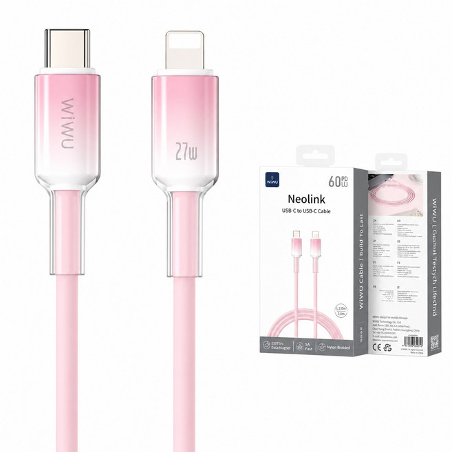 WIWU USB-C 轉 Lightning 充電傳輸線 27W 100公分 Neolink 系列, 淺粉色-100公分, 1個