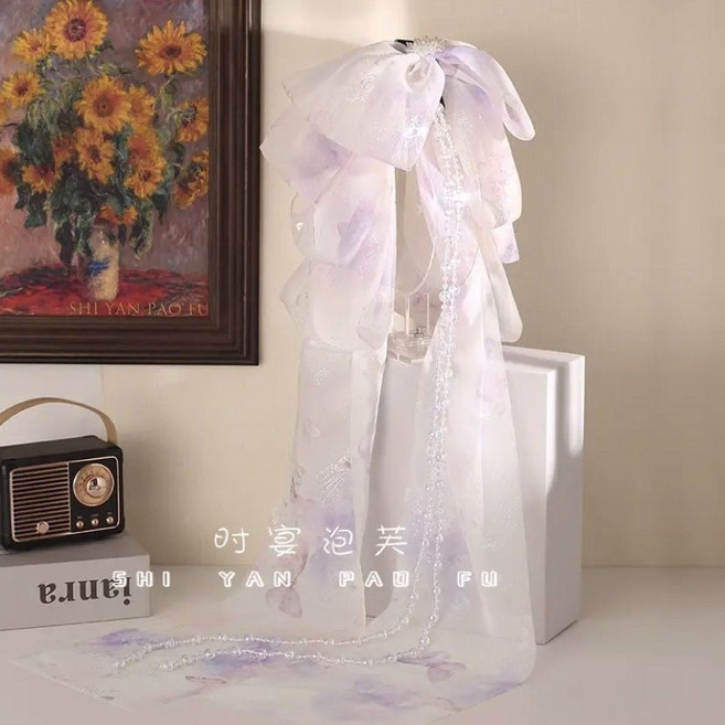 似錦 蝴蝶結飄帶發夾 網紗流蘇設計 后腦勺仙氣甜美發飾