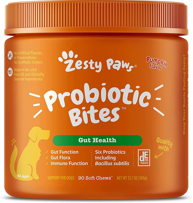 Zesty Paws 반려견용 Probiotic Bites 소화 전 연령 호박 맛 소프트 츄 90정, 1개