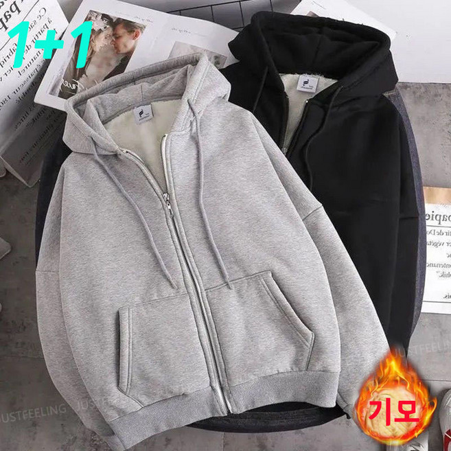 JUSTFEELING 1+1/2장세트 후드집업 기모 운동복코트 남녀공용 가을 겨울 따뜻한 외출복 융털안감 보온 편하게 트레이닝복 가디건 점퍼