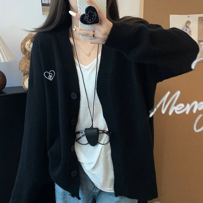 Rakumin 여성 브이넥 루즈핏 하트자수 니트가디건