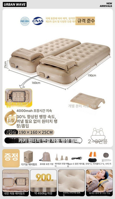캠핑 트윈 에어베드 자충매트 연결 차박 야외 에어매트 펌프내장, 1개, 25cm 자동 침대 사용 4000mah