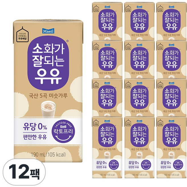 매일유업 소화가 잘되는 우유 5곡 미숫가루, 190ml, 12개
