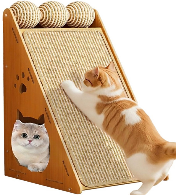PETTOO 먼지없는 대형 수직 고양이 스크래쳐 원목 숨숨집, 1개, 노란색