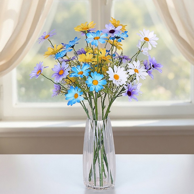 1+1 플로잉 데이지꽃다발 조화 5부쉬 8개 40송이+하나더, 아쿠아블루+아쿠아블루