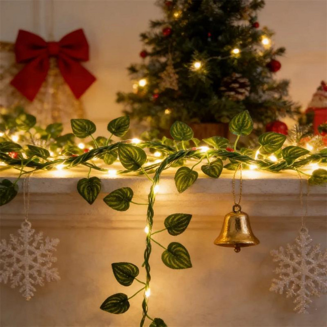 페스툰 인공 녹색 등나무 잎 스트링 웨딩 라마단 휴일 야외 정원 실내 장식용, 02 2-Watermelon leaf, 03 Solar-2M 20LEDs