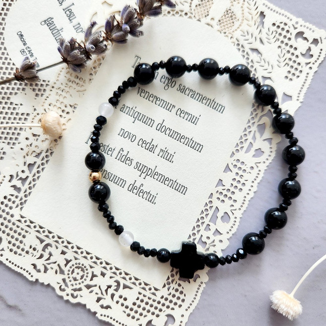 묵주팔찌 블랙오닉스와 14K골드필드 [에브리데이윤] Free사이즈, 1개, 블랙