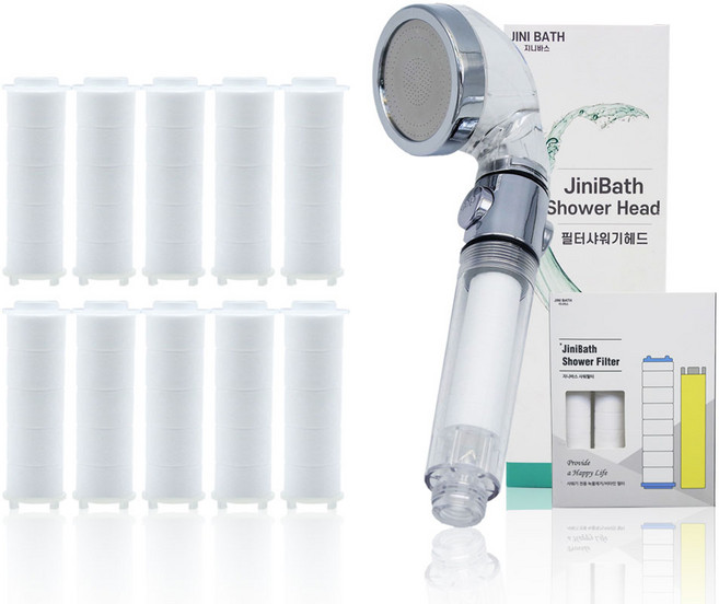 지니바스 욕실용 주방용 세면대용 샤워기필터 수압상승 절수효과 녹물제거, 온오프기능 샤워기헤드+호환필터 10개, 1개