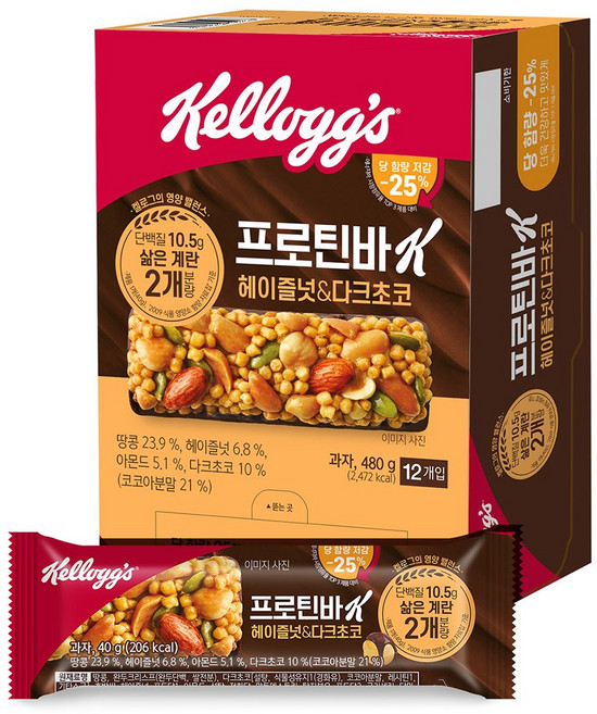 켈로그 프로틴바K 헤이즐넛 & 다크초코, 40g, 12개