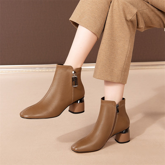 에쥬아 가죽 부츠 옆집업 스퀘어 앞코 부츠 키높이 앵클 부츠 5.5cm