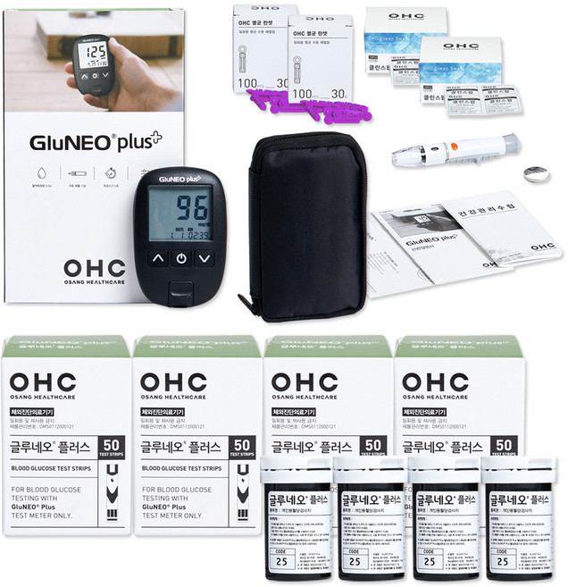 OHC 글루네오 플러스 혈당계 당뇨 측정 검사 시험지 가정용 의료 전자 채혈, 3.글루네오플러스 혈당계(시험지+침.솜 각200매)세트, 1개