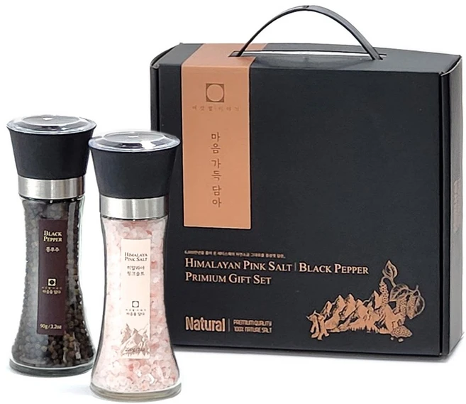 히말라야 핑크 소금 + 통후추 유리병 그라인더 프리미엄 2종 선물세트 [핑크솔트220g 통후추100g], 300g, 1세트 - 쿠팡