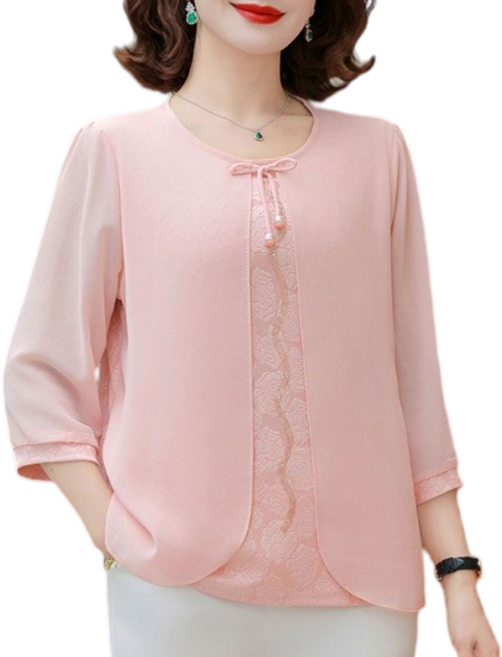 Makone 여성 라운드넥 패션 심플 레이어드 트랜드 엘레강스 7부 소매 데일리 티셔츠 가디건 투인원 투피스형 블라우스