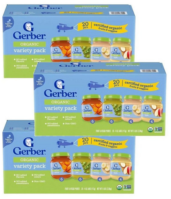 Gerber 거버 1단계 베이비 푸드 과일 채소 밸류팩 당근 완두콩 바나나 사과 113g, 60개
