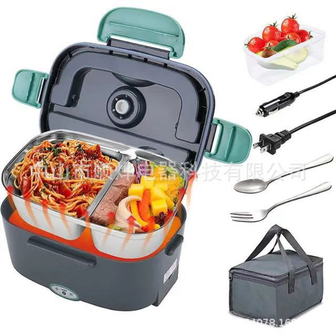 電熱飯盒便攜式家車兩用熱飯保溫便當免注水加熱, 1個, 墨綠色:澳規套裝220V-12/24V(密封圈+保溫袋+不鏽鋼雙格內