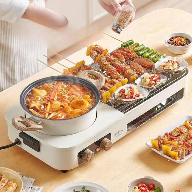 멀티 전기 바베큐 고기 그릴 냄비 2in1 가정용 전골, 화이트 전골 그릴망 프라이팬, 기본 색상