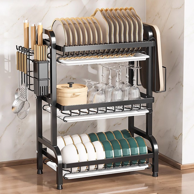 주방 자동 물빠짐 식기건조대 다용도 그릇 정리대 설거지건조대, 1세트, 블랙, 3단