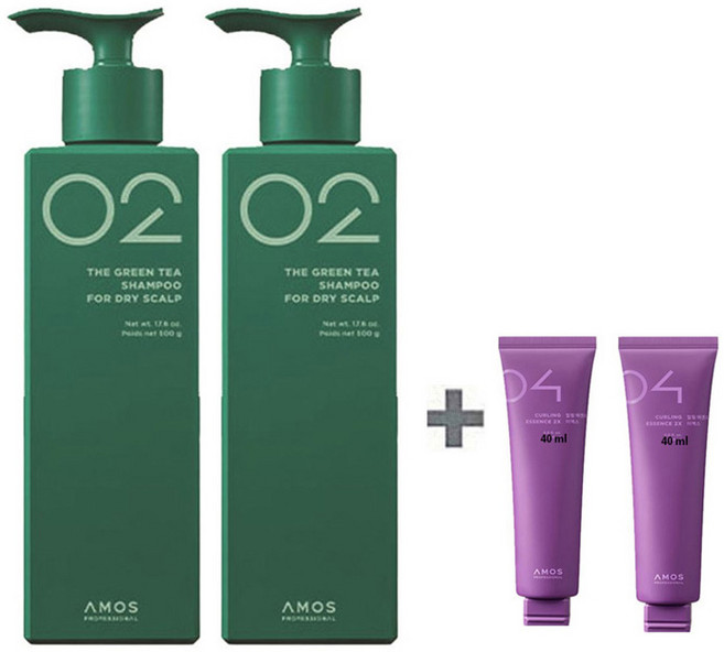 NEW 아모스 녹차실감 샴푸 지성 두피용 500g x2((1000g) +휴대용 컬링 에센스 40ml x2(80ml) 증정