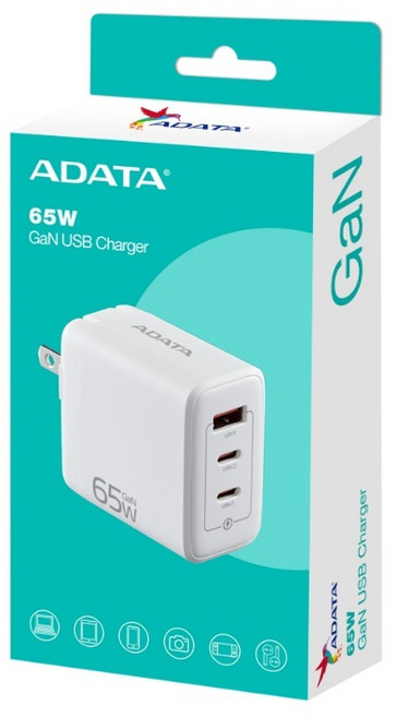 威剛 ADATA 65W 氮化鎵 3孔 電源供應器 PD QC 快充 USB-C 充電頭 豆腐頭 Switch適用, 白色, 1個