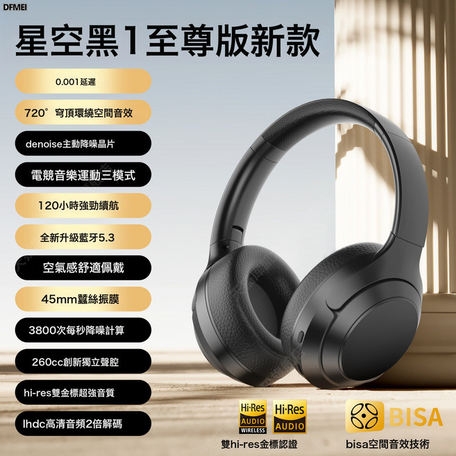 DFMEI 頭戴式藍牙耳機 H&S V630 無線降噪耳罩式耳機, 【至臻版】星空黑☆【升級八核芯片√杜比哈曼環繞音效√Hi-R, 如圖
