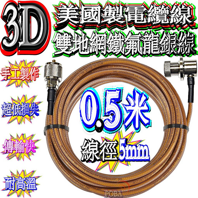M17/60 RG142 同軸電纜線, 1個, 0.5米雙層地網鐵氟龍銀線,一邊SMAP公一邊車天線