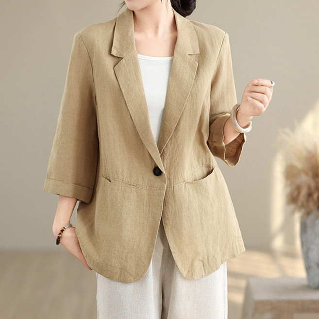 플랜앤유 린넨 자켓 여름 7부 루즈핏 캐주얼 아우터 가벼운 데일리 재킷