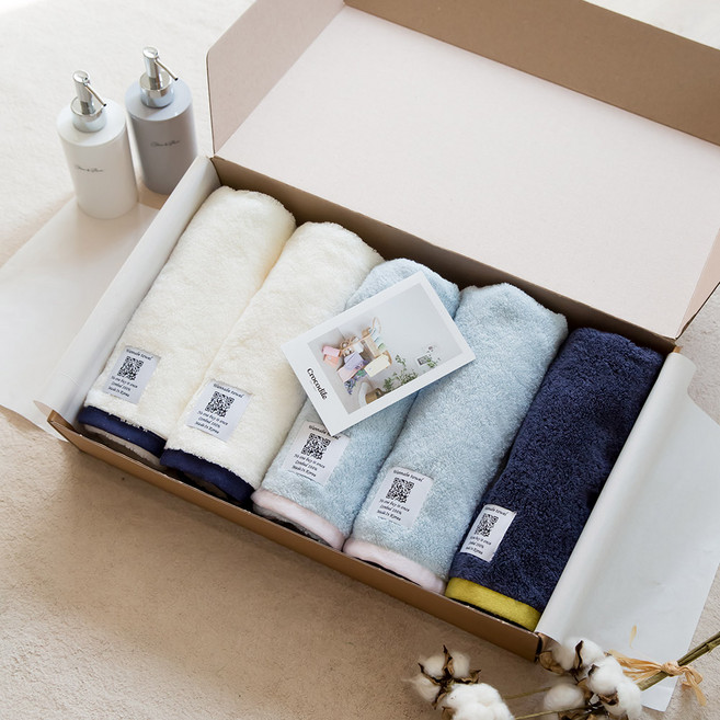 크로커다일 오코텍스 인증을 받은 워너비 호텔수건 5장 선물세트 200g 코마사 40수, MIX(아이보리2+네이비1+스카이블루2), 1세트