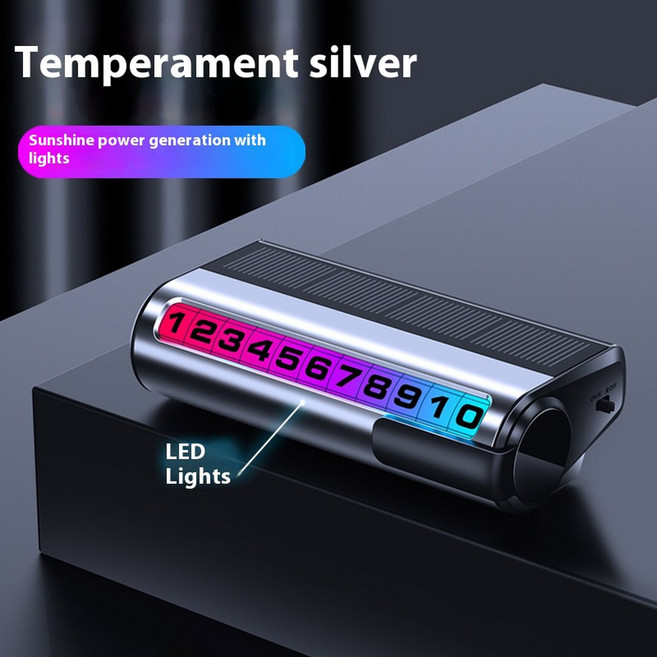 자동차 전화 번호판 태양 LED 빛나는 주차 번호 카드 합금 금속 인테리어 장식품 차량, silver, 1개