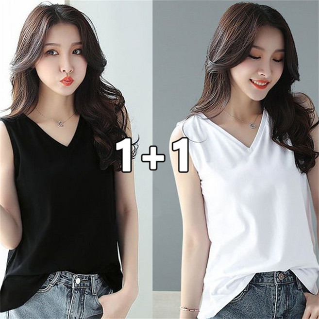 꽃소담 여름 여자 100% 면 나시 민소매 1+1 데일리 브이넥 순면 나시티 L266