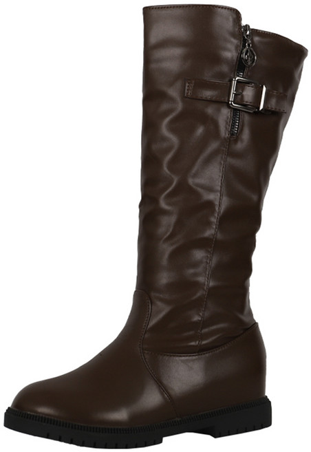 타니즈 베온 데일리 여성용 버클 둥근코 셔링 가죽 통굽 기모안감 롱부츠 (4cm)