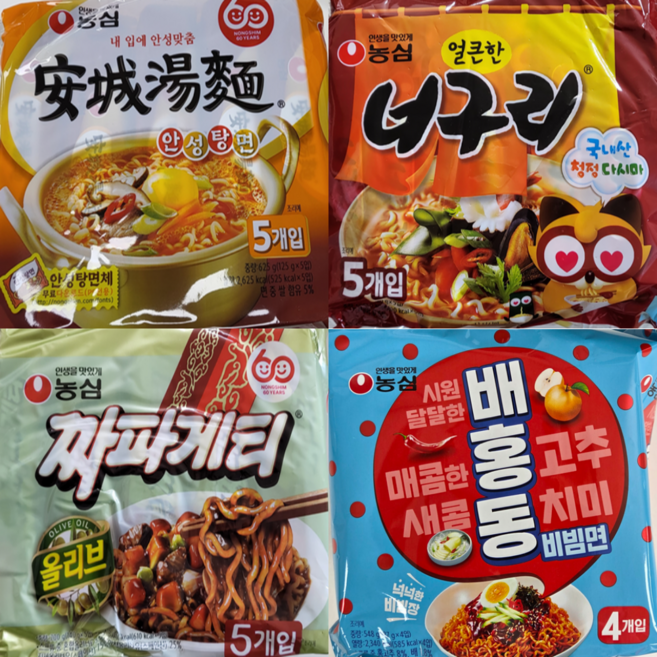 안성탕면 5입 + 너구리 5입 + 짜파게티 5입 + 배홍동 4입, 19개