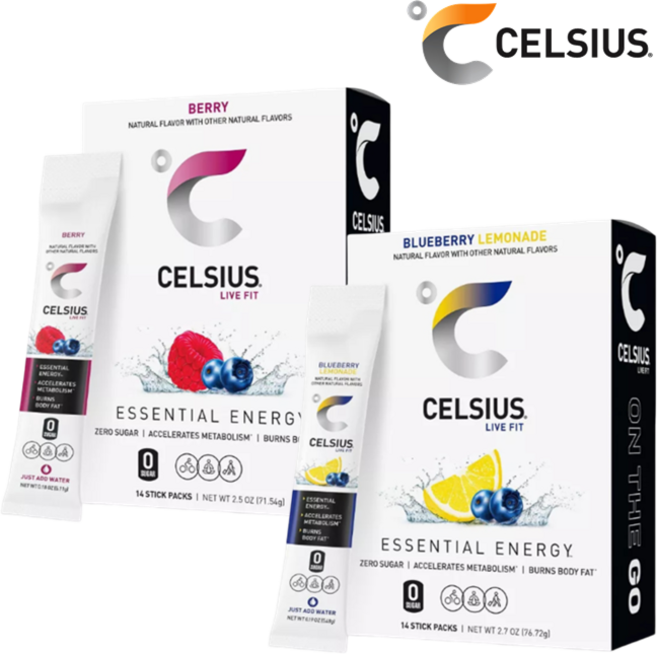 [CELSIUS] [1+1] 셀시어스 히트 워터 제로슈가 베리 맛 14개입 + 블루베리 레모네이드 맛 14개입 운동 보조 에너지 드링크 분말 파우더 Energy Drink Mix