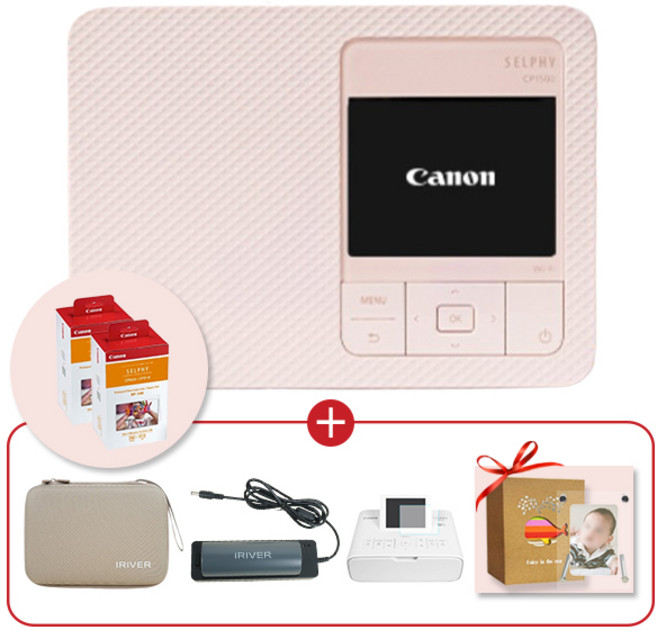 캐논 셀피 CP1500 핑크+RP-108 2개+아이리버 케이스+휴대용 배터리+충전기 패키지, CP 핑크+RP-108 2개+IR세트+충전기+필름