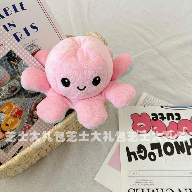 章魚公仔 翻面變臉 八爪魚毛絨玩具 可翻轉玩偶 生日禮物玩具, 粉翻淺藍色, 迷你, 1個, 爪爪-直徑約18.1cm