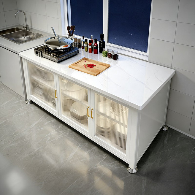 SeekFun 주방 수납장 이동식 세라믹 상판 다용도 테이블 하부장 와이드 식탁 렌지대 3단, 화이트/White