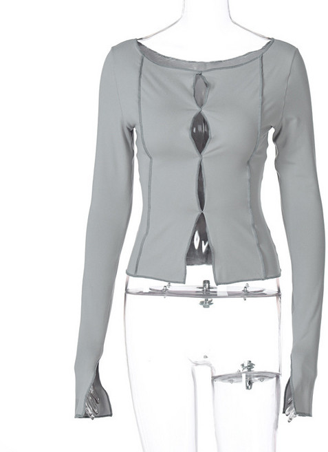 유럽과 미국 2022 가을과 겨울 폭발적인 새로운 뒷면 중공 긴 소매 앞뒤 착용 티셔츠 아마존 대외 무역 여성