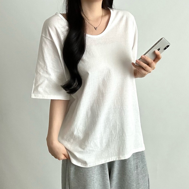 빅걸스토리 여성 빅사이즈 유브이넥 베이직 무지 반팔티