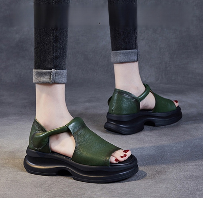 플랫폼 웨지 오픈 토 샌들 여성 편한 여름샌들 여성 천연가죽샌들 5cm