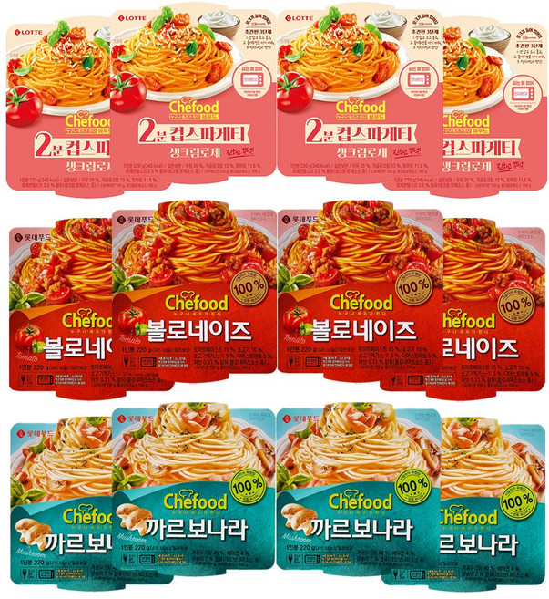 롯데푸드 쉐푸드 스파게티 3종 각 4개 즉석 파스타, 1개, 220g