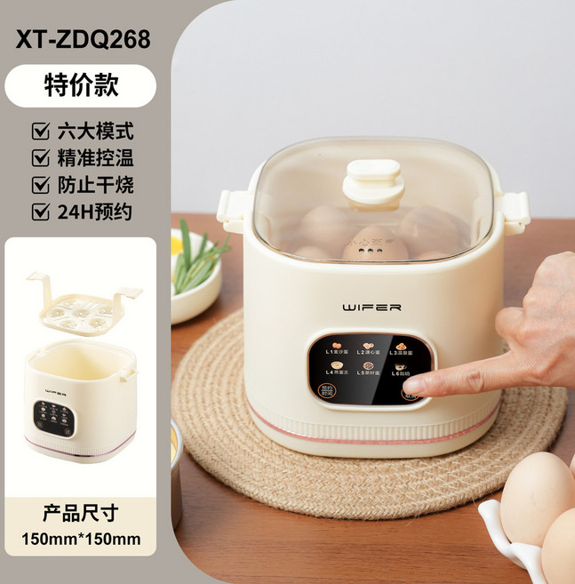 多功能蒸蛋器家用小型迷你煮蛋器自動斷電可預約定時煮蛋早餐機 SPZ9, 標配6功能白色【主機+蒸蛋架】