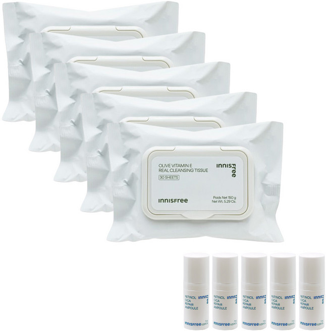 이니스프리 올리브 비타민 E 리얼 클렌징 티슈 30매x5개+(시카 앰플7mlx5개 증정), 5개, 1개입
