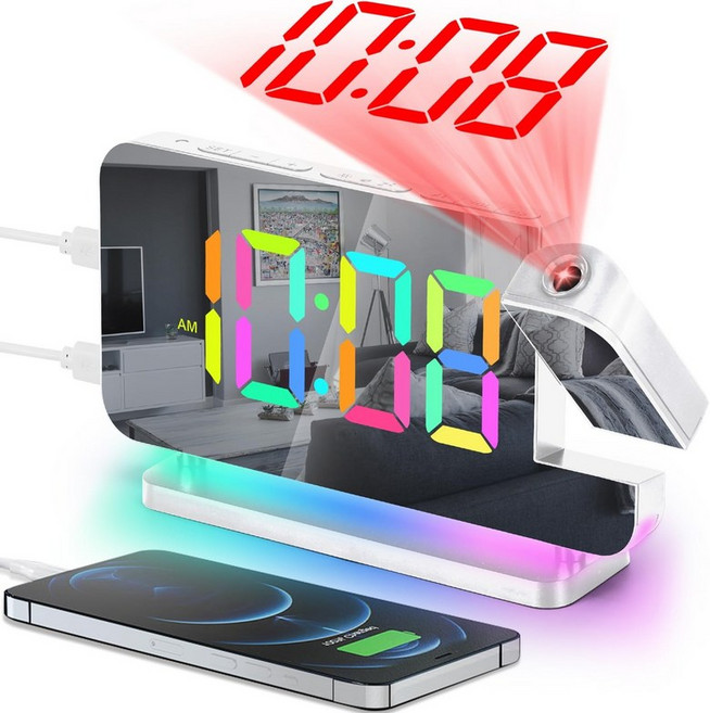 ELAM 프로젝션 알람 시계 7.4인치 LED 미러 디지털 대형 디스플레이 180 회전 프로젝터 RGB 야간 조명 USB C 포트 자동 디밍 침실 장식용 모던 데스크 - 흰색, Gold